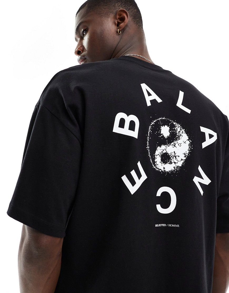 T-shirt pesante oversize nera con stampa "Balance" sul retro - Selected Homme - Modalova