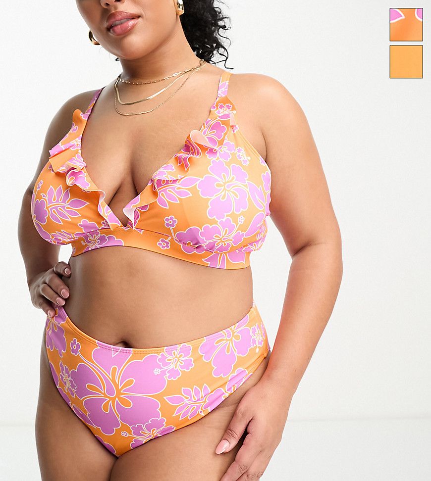 Confezione da 2 top bikini arancione e rosa a fiori con volant - Simply Be - Modalova