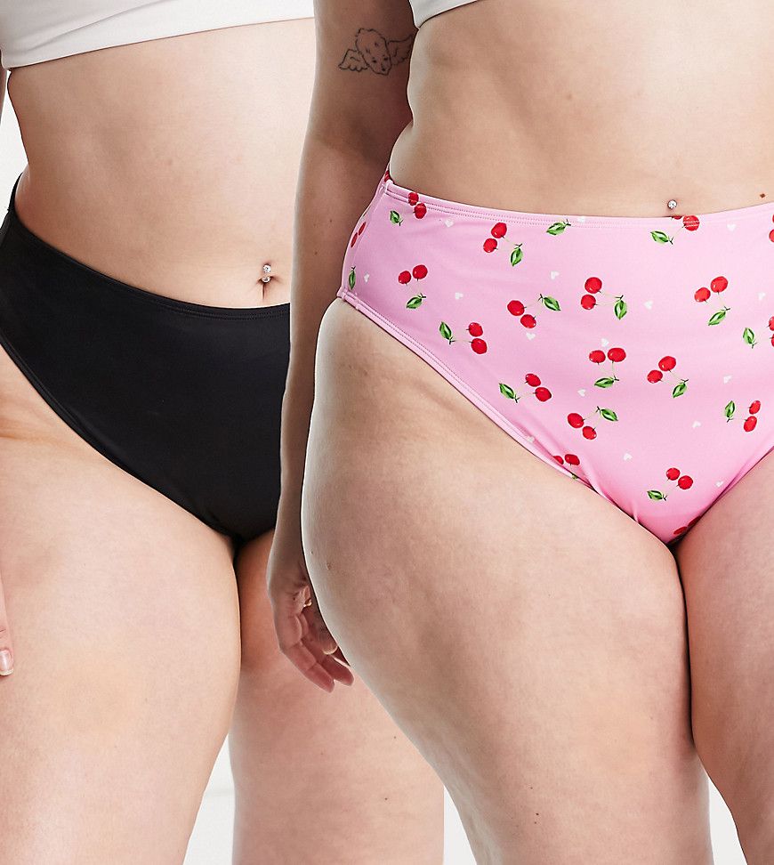Confezione da 2 slip bikini rosa con stampa di ciliegie e nero - Simply Be - Modalova