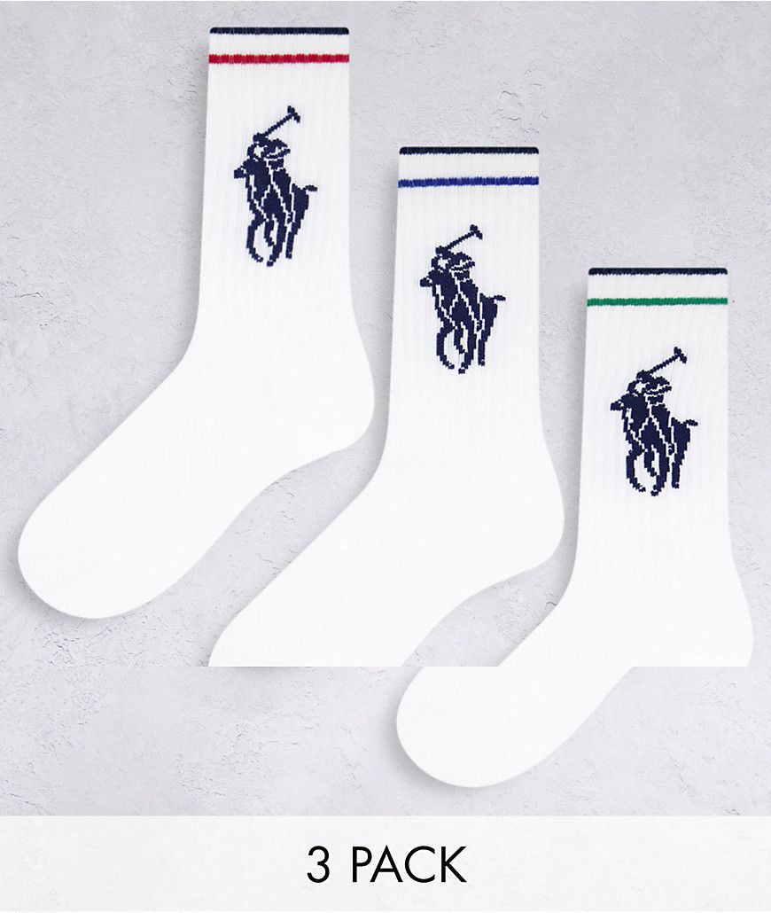 Confezione da 3 paia di calzini sportivi bianchi con righe e logo grande del pony - Polo Ralph Lauren - Modalova
