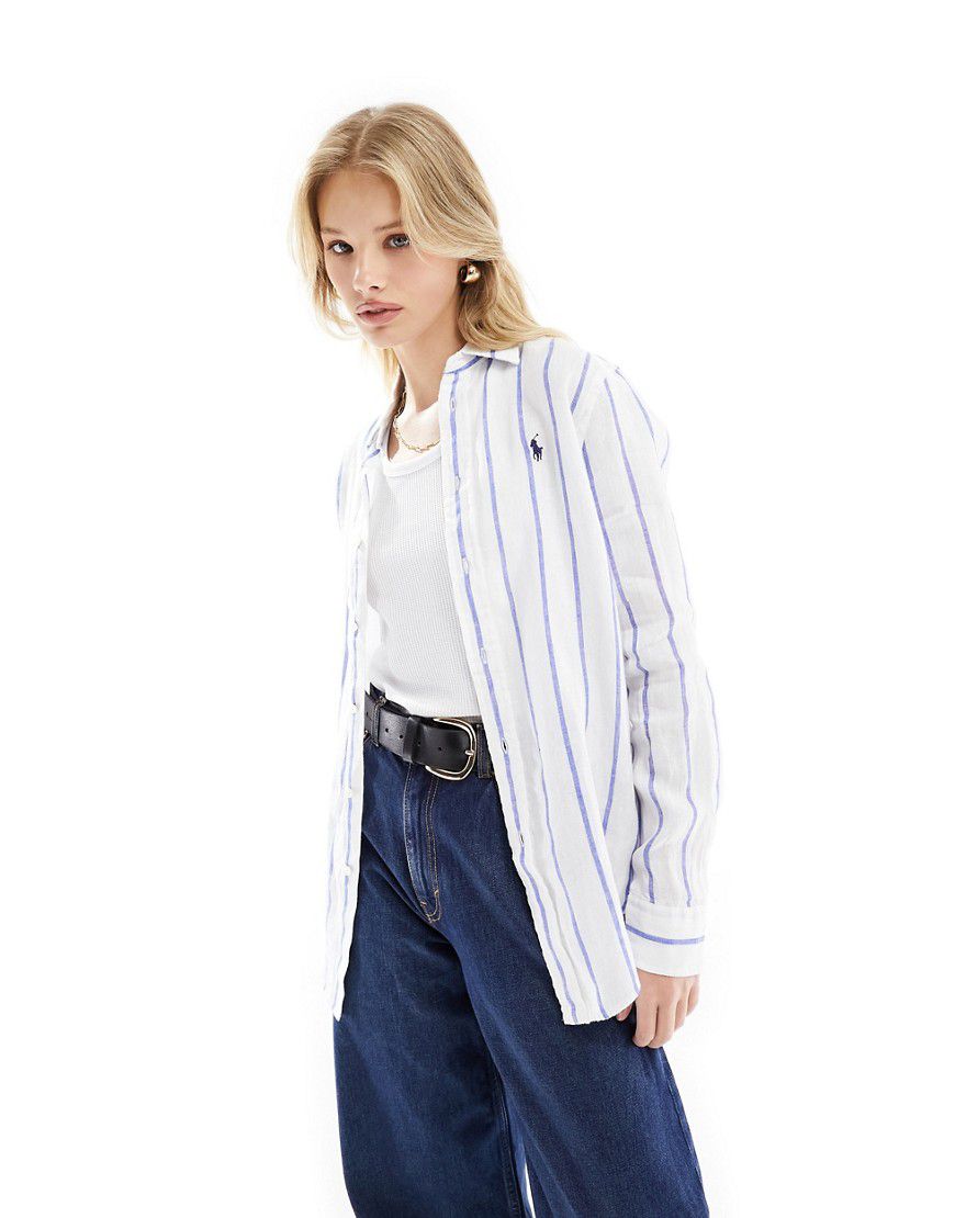 Camicia in lino bianca e blu a righe con logo - Polo Ralph Lauren - Modalova