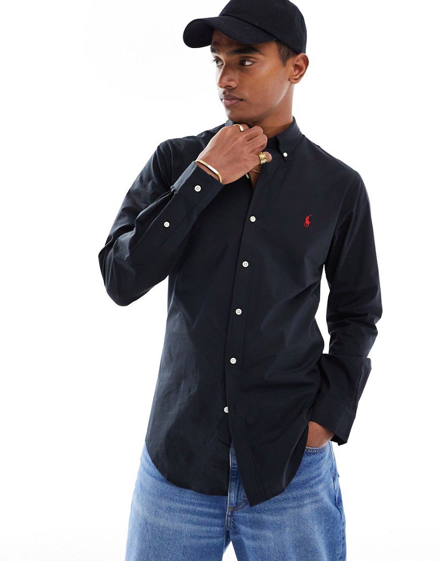 Camicia slim nera in popeline con logo a giocatore di polo e colletto button-down - Polo Ralph Lauren - Modalova