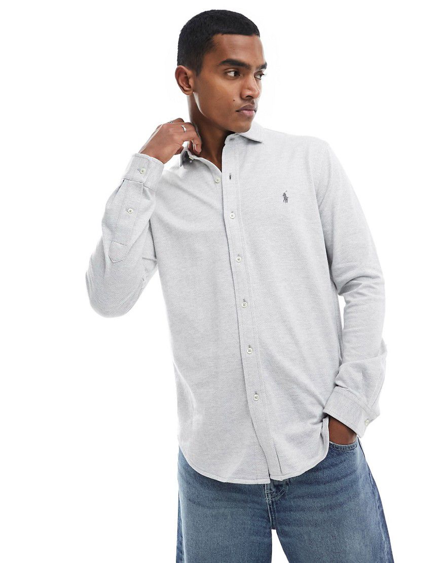 Icon - Camicia in jersey mélange e bianca a spina di pesce con logo - Polo Ralph Lauren - Modalova
