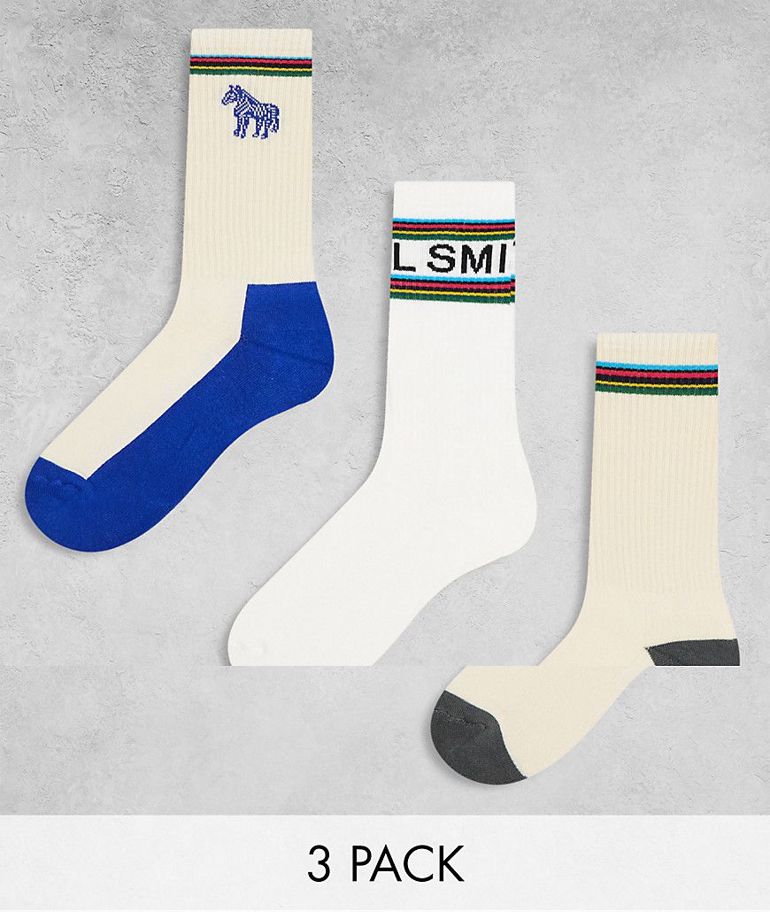 Paul Smith - Confezione da 3 paia di calzini crema, bianchi e blu con logo e righe - PS Paul Smith - Modalova