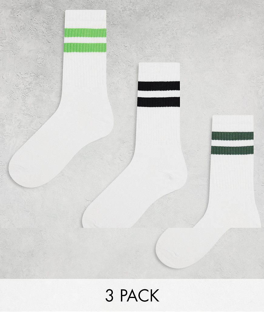 Confezione da 3 paia di calzini sportivi bianchi con righe nere e verdi - Weekday - Modalova