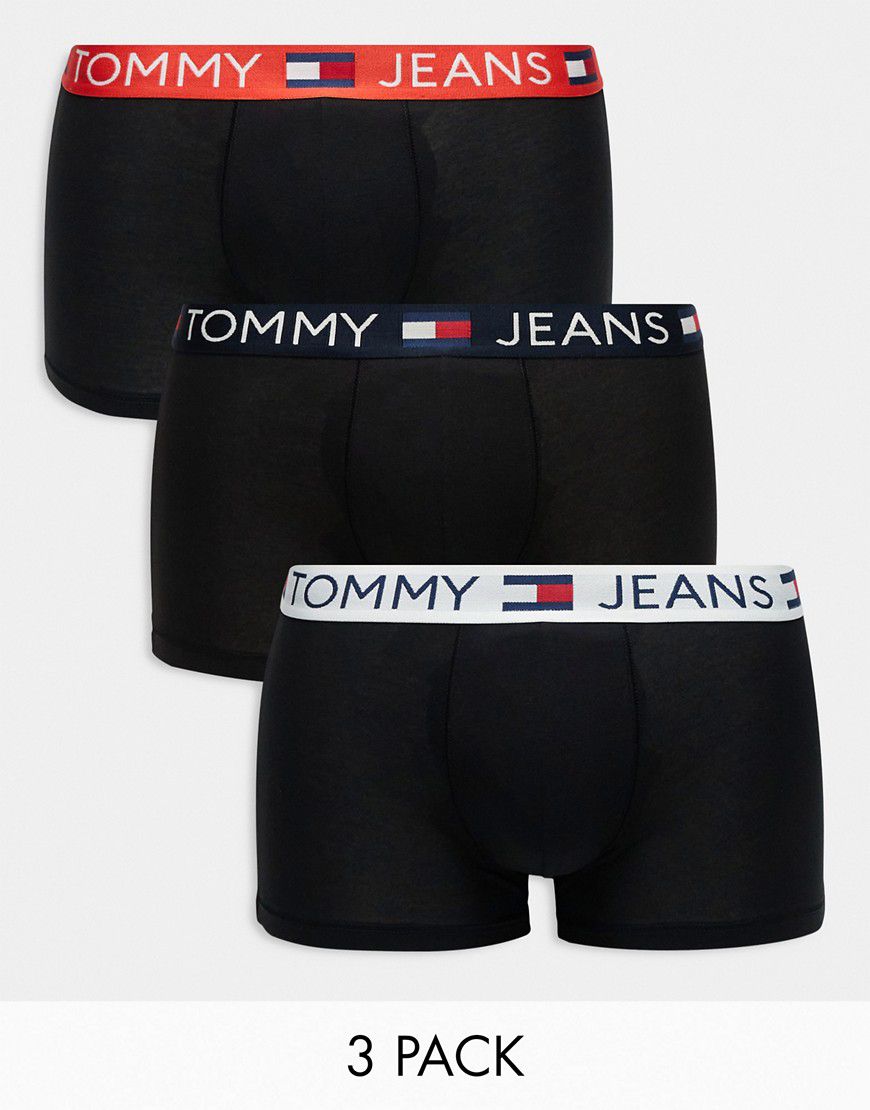 Tommy Jeans - Cotton Essentials - Confezione da 3 boxer aderenti neri con fascia in vita colorata - Tommy Hilfiger - Modalova