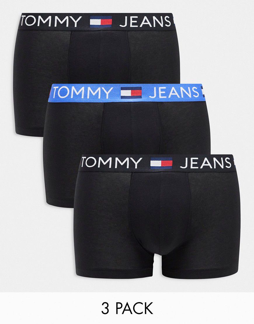 Tommy Jeans - Cotton Essentials - Confezione da 3 boxer aderenti neri con fascia in vita colorata - Tommy Hilfiger - Modalova