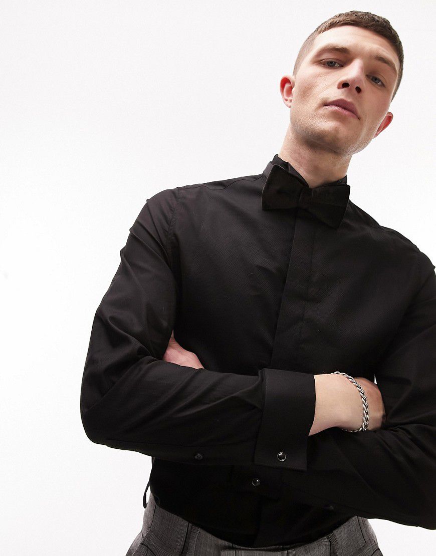 Camicia premium elegante a maniche lunghe slim con colletto diplomatico nera - Topman - Modalova