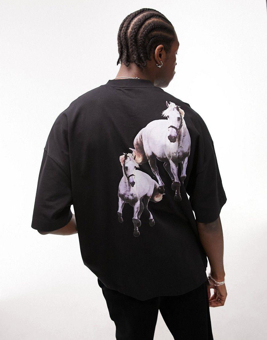 T-shirt premium super oversize nera con stampa di cavalli sul davanti e sul retro - Topman - Modalova