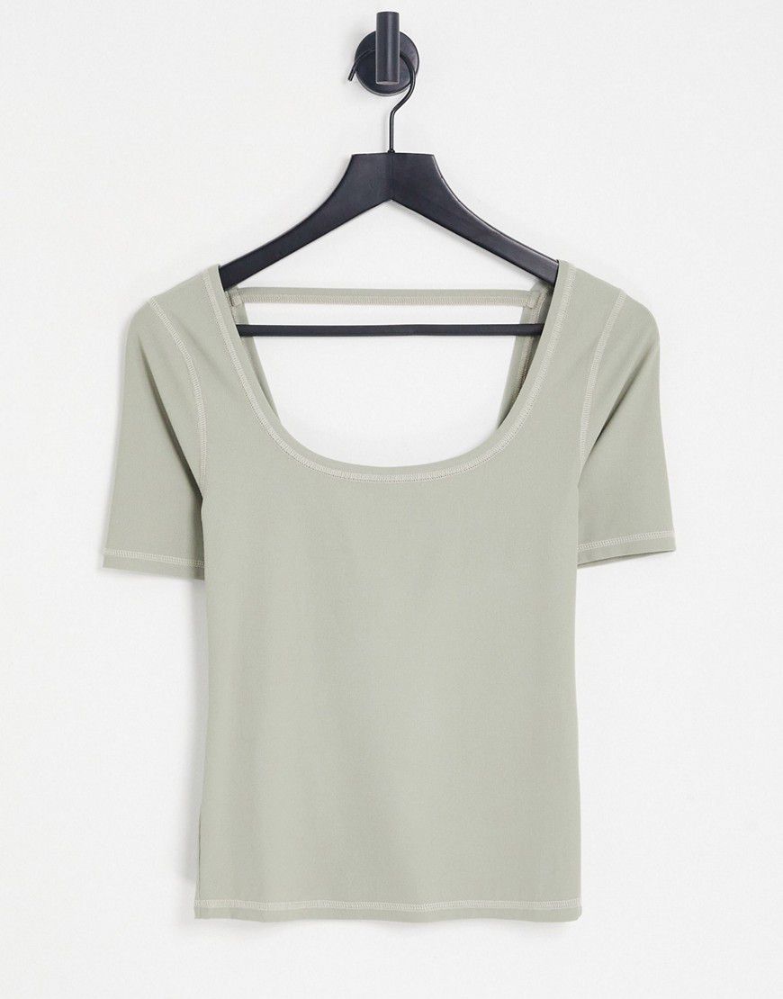 T-shirt basic premium salvia con dettagli a contrasto e scollo rotondo - Topshop - Modalova