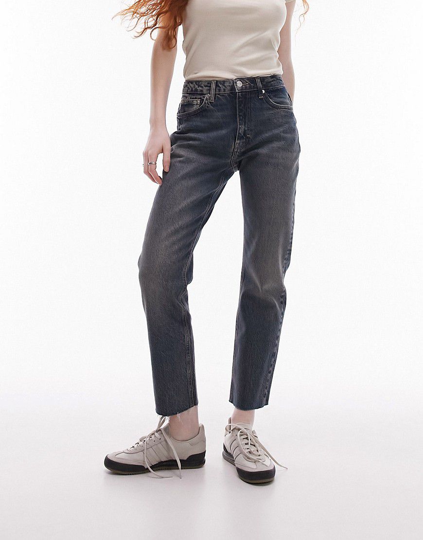 Jeans dritti corti con bordi grezzi a vita medio alta profondo - Topshop - Modalova