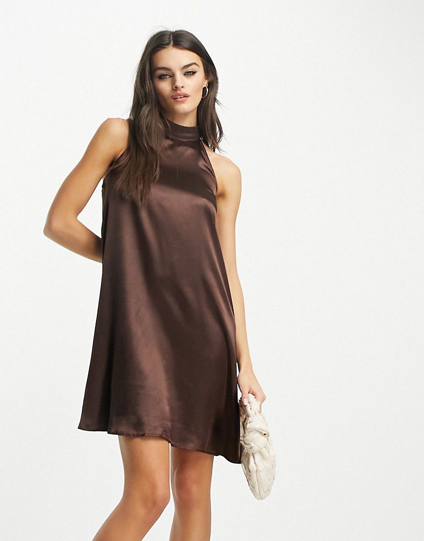 Vestito corto in raso marrone cioccolato accollato - Urban Threads - Modalova