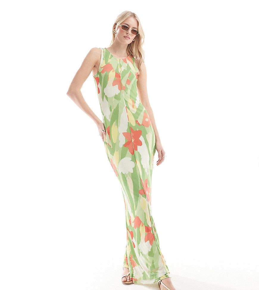 Vestito senza maniche in rete verde con stampa a fiori e fondo ondulato - Vero Moda Tall - Modalova