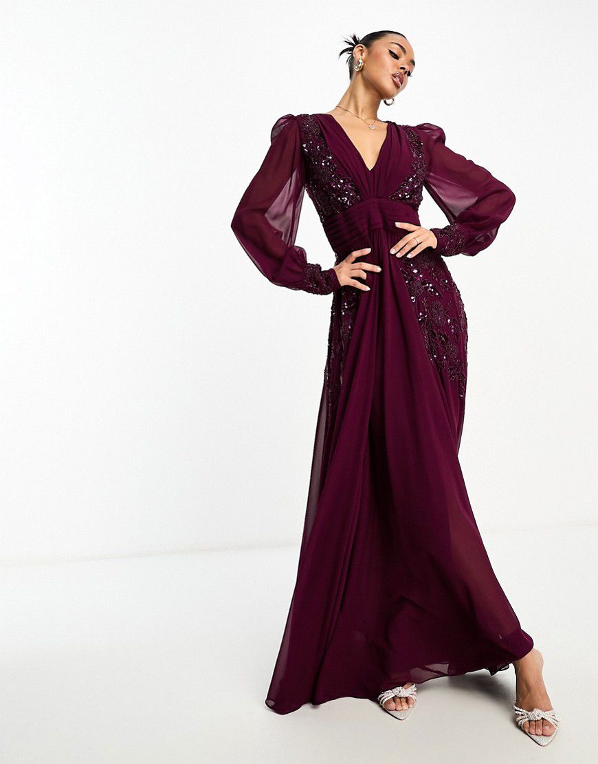 Selenaa - Vestito lungo a maniche lunghe color prugna decorato - Virgos Lounge - Modalova
