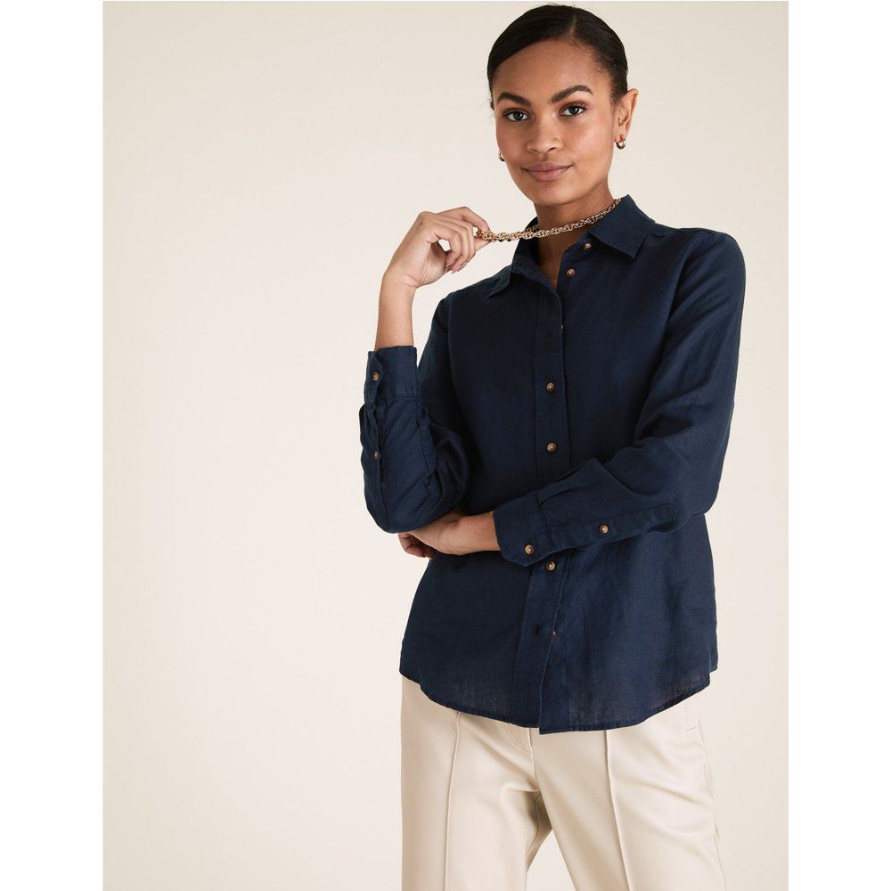 Pure Linen Long Sleeve Shirt navy - Marks & Spencer - Modalova