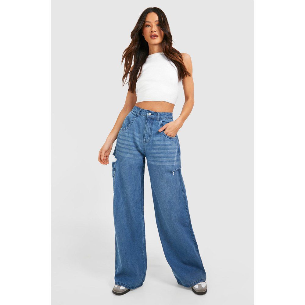 Tall Blue Washed Side Rip Wide Leg Jeans - boohoo - Modalova