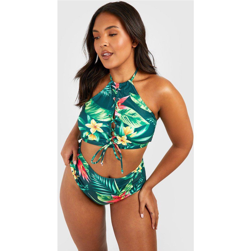 Bikini Plus Size a vita alta con stampa tropicale e laccetti - boohoo - Modalova