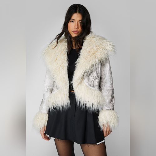 Swirl Quilted Fur Collar Pu Coat